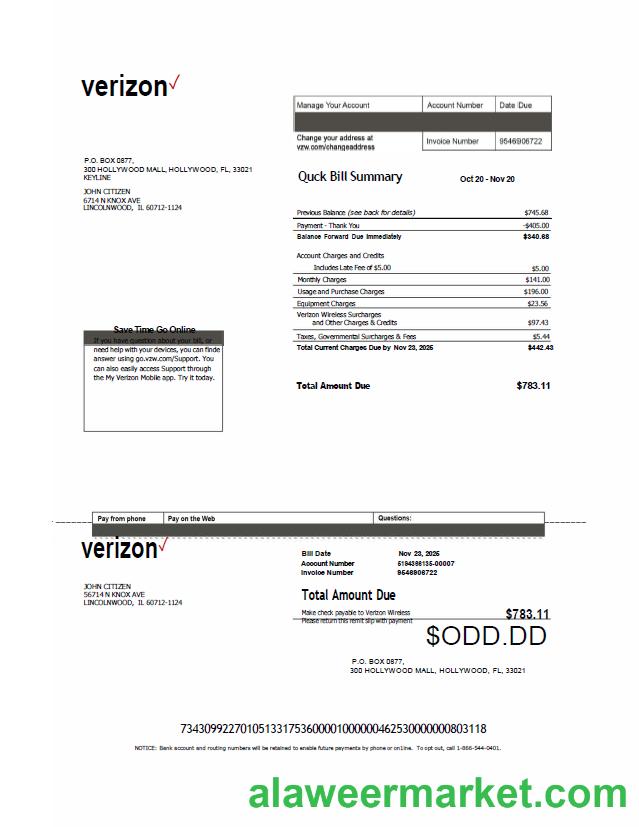 USA Verizon utility bill template in Word and PDF formats, version 2